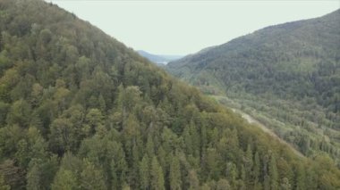 This stock footage shows aerial view of the mountain landscape of the Carpathians, Ukraine in 8K resolution