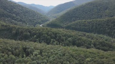 This stock footage shows aerial view of the mountain landscape of the Carpathians, Ukraine in 8K resolution