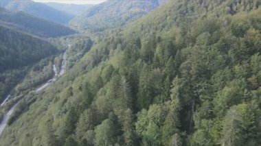 This stock footage shows aerial view of the mountain landscape of the Carpathians, Ukraine in 8K resolution