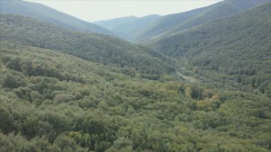 This stock footage shows aerial view of the mountain landscape of the Carpathians, Ukraine in 8K resolution