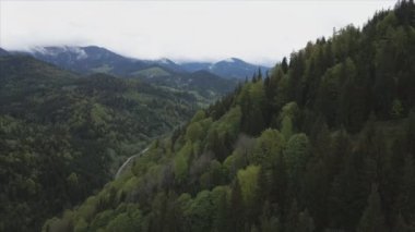 This stock footage shows aerial view of the mountain landscape of the Carpathians, Ukraine in 8K resolution