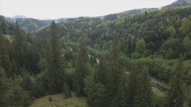 This stock footage shows aerial view of the mountain landscape of the Carpathians, Ukraine in 8K resolution