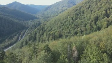 This stock footage shows aerial view of the mountain landscape of the Carpathians, Ukraine in 8K resolution