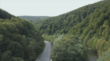 This stock footage shows aerial view of the mountain landscape of the Carpathians, Ukraine in 8K resolution