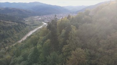 This stock footage shows aerial view of a small village in the forest in the Carpathians, Ukraine in 8K resolution
