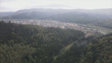 This stock footage shows aerial view of a small village in the forest in the Carpathians, Ukraine in 8K resolution