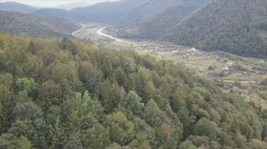 This stock footage shows aerial view of a small village in the forest in the Carpathians, Ukraine in 8K resolution