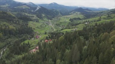 This stock footage shows aerial view of a small village in the forest in the Carpathians, Ukraine in 8K resolution