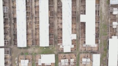 This stock footage shows an aerial view of a dog shelter in 8K resolution