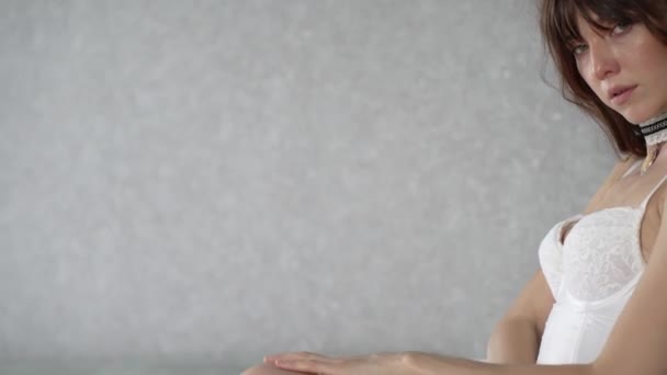 Stock Video Shows Beautiful Woman Sexy Lingerie Slow Motion — Videoclip de stoc