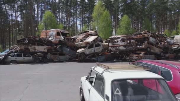 Stock Video Shows Dump Shot Burned Cars Irpin Bucha District — Wideo stockowe