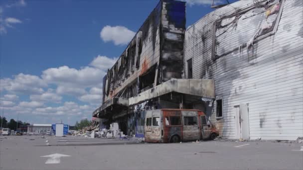 Stock Video Shows Destroyed Building Shopping Center Bucha Ukraine War — Stockvideo