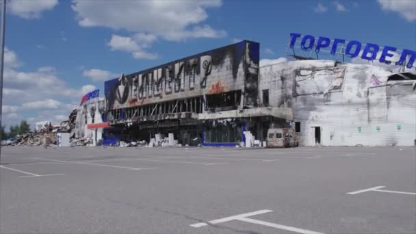 Stock Video Shows Destroyed Building Shopping Center Bucha Ukraine War — Stockvideo