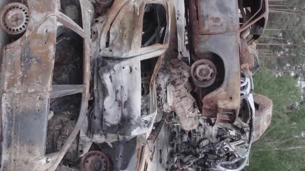 Stock Vertical Video Shows Dump Shot Burned Cars Irpin Bucha — Wideo stockowe