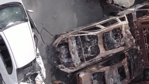 Stock Vertical Video Shows Dump Shot Burned Cars Irpin Bucha — Stok video