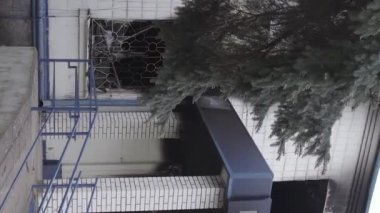 This stock vertical video shows the aftermath of the war in Ukraine - the destroyed and burned building of the police station in Borodyanka, Kyiv region, grey, flat video