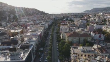 This stock footage shows aerial view of Alanya, Turkey - a resort town on the seashore in 8K resolution
