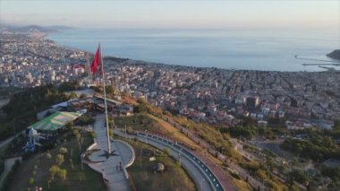 This stock footage shows aerial view of Alanya, Turkey - a resort town on the seashore in 8K resolution