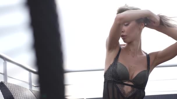 Stock Video Shows Beautiful Woman Sexy Lingerie Slow Motion — Stock video