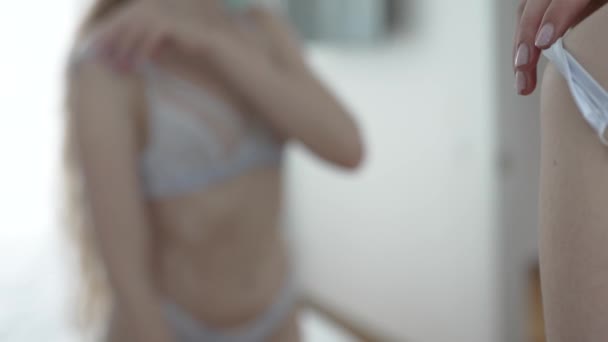Stock Video Shows Beautiful Girl Sexy Lingerie Slow Motion — Vídeo de stock