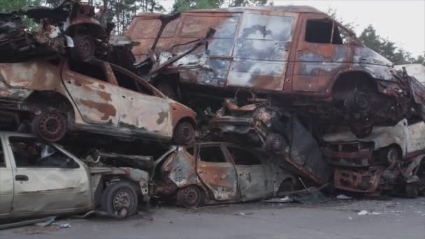 Stock Video Shows Dump Shot Burned Cars Irpin Bucha District — Videoclip de stoc