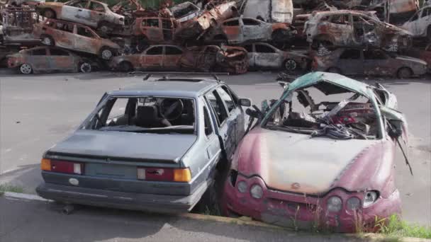 Этом Видео Показана Свалка Расстрелянных Сожженных Автомобилей Ирпене Район Разрешении — стоковое видео