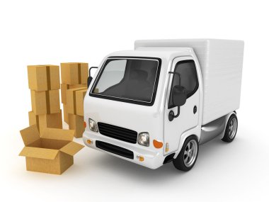 3D beyaz minibüs ile izole karton kutular
