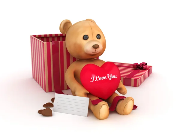 Día de San Valentín 3D Osito de peluche y regalos - aislado —  Fotos de Stock
