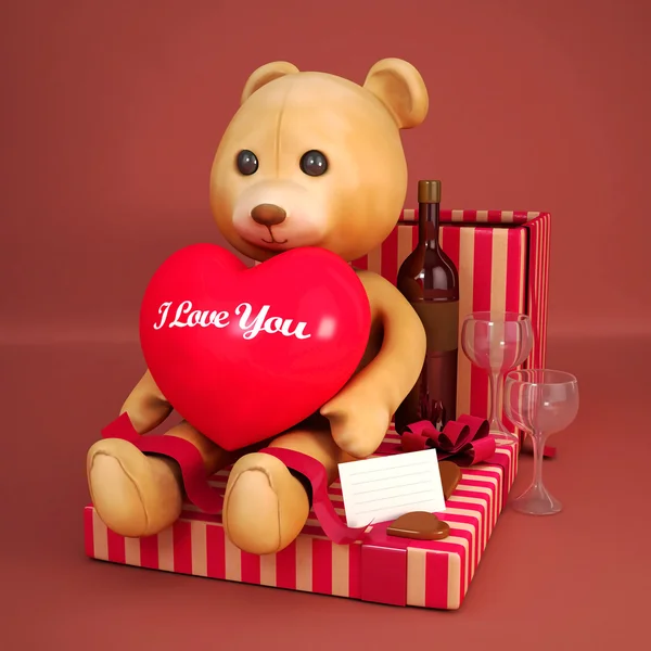 Día de San Valentín 3D Osito de peluche y regalos - aislado —  Fotos de Stock
