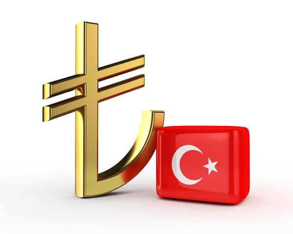 3D σύμβολο Tl χρυσό, με τουρκική σημαία (τουρκικές Λύρας) απομονώνεται — Φωτογραφία Αρχείου