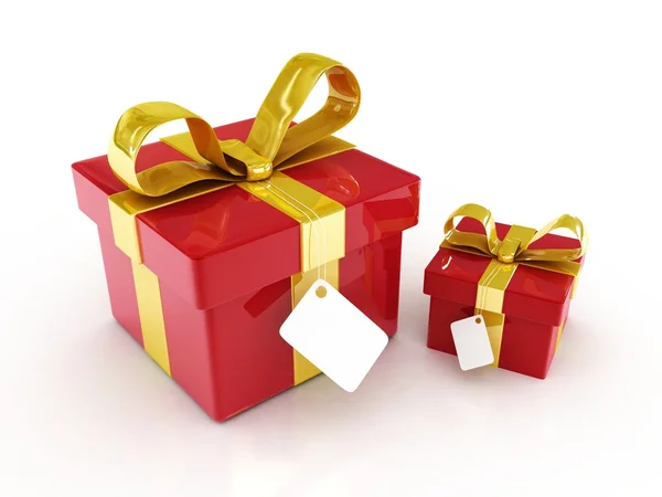 Cajas de regalo rojas con cinta amarilla 3d renderizado — Foto de Stock