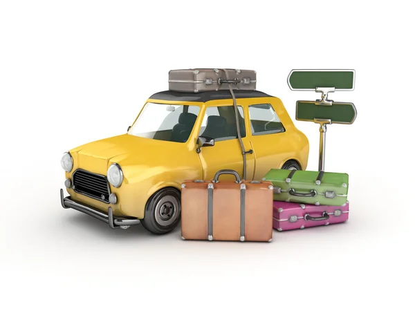 3D κίτρινο αυτοκίνητο και βαλίτσες-ταξιδεύουν έννοια Royalty Free Εικόνες Αρχείου