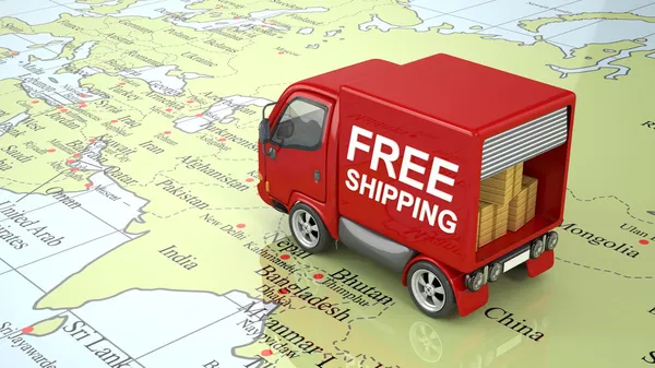 고립 된 세계 지도에 3d 빨간색 배달 트럭 스톡 사진