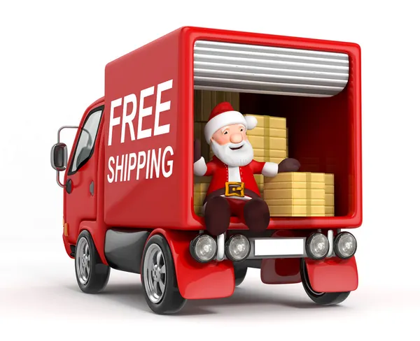 3D karikatura Santa Claus v kamionu s lepenkovou krabicí Stock Obrázky