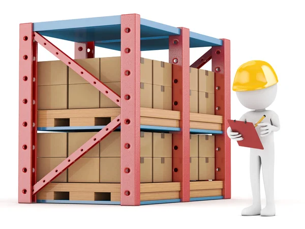 3d white person carries cardboard box at the warehouse — Stock Photo, Image