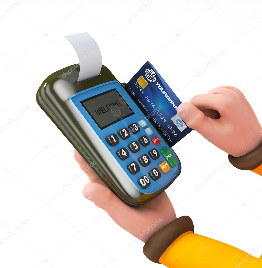 3d Hand swiping generic credit card on an over counter POS