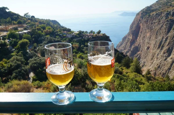 Two Glasses Beer Sit Parapet Cafe Butterfly Valley Southern Turkey — Stock Photo, Image