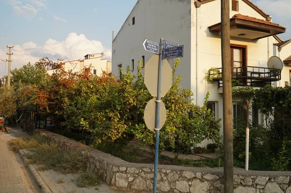 Road Signs Next Residential Houses Calis Beach Area Fethiye City — Stock Photo, Image