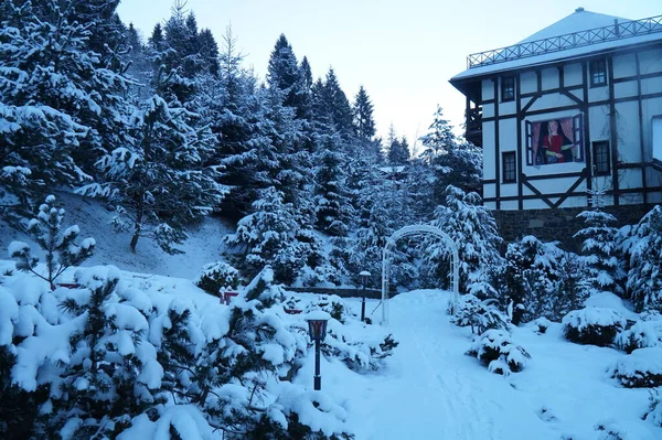 Hotel Que Parece Castelo Varrido Pela Neve Nas Montanhas Dos — Fotografia de Stock