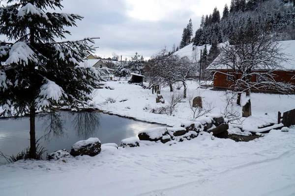 Yard House Covered Snow Carpathian Mountains Ukraine — Stock Photo, Image