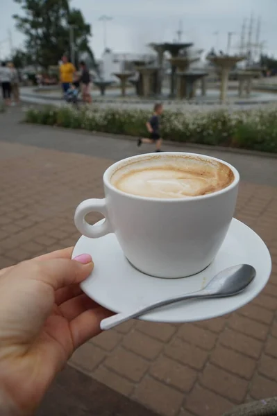 Een Kopje Koffie Achtergrond Van Oostzee Dijk — Stockfoto