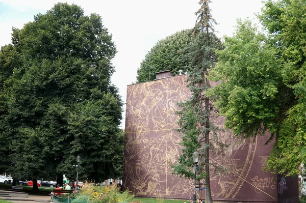 Mur Maison Est Peint Comme Vieil Atlas Étoilé Gdansk Pologne — Photo