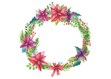 Noel çelengi. Suluboya elle çizilmiş illüstrasyon. Kış tatili.