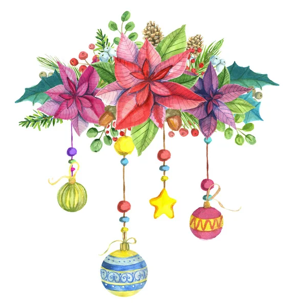 Noel çelengi. Suluboya elle çizilmiş illüstrasyon. Kış tatili.