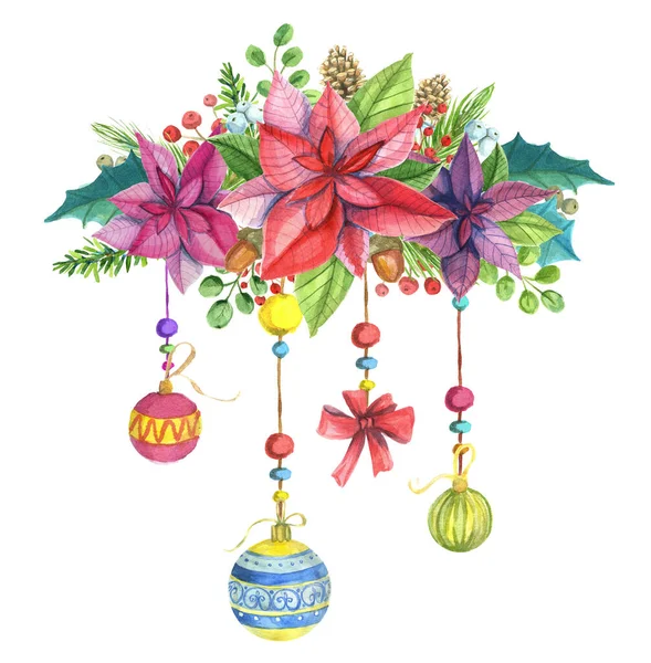 Noel çelengi. Suluboya elle çizilmiş illüstrasyon. Kış tatili.