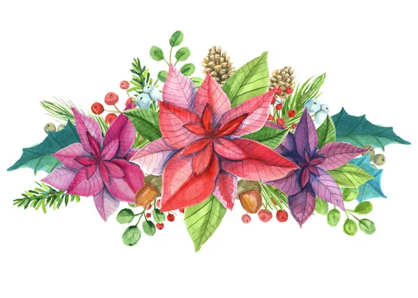 Noel çelengi. Suluboya elle çizilmiş illüstrasyon. Kış tatili.