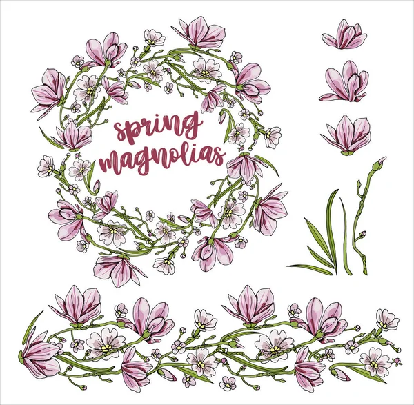 Bahar Magnolia çiçeklerinin yuvarlak çelengi.