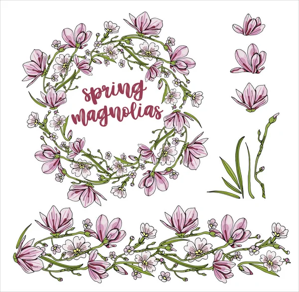 stock vector Round wreath of spring Magnolia flowers.