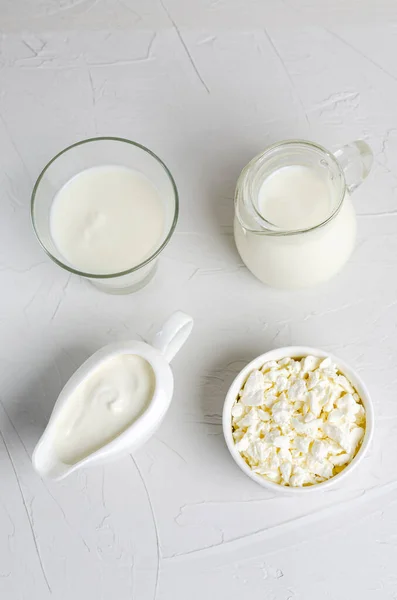 Homemade Fermented Milk Products Kefir Sour Cream Cottage Cheese White — Foto Stock