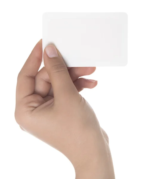 Business card in woman hand on white — Stock Photo, Image